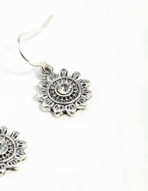 Antique Silver Sun Diamante Earrings