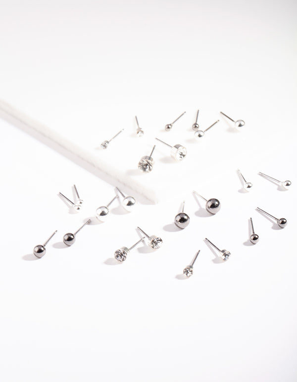 Silver Diamante Tiny Graduated Black Earrings 12-Pack