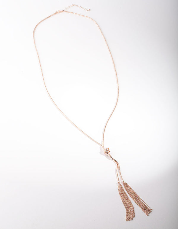 Rose Gold Lariat Knot & Tassel Necklace