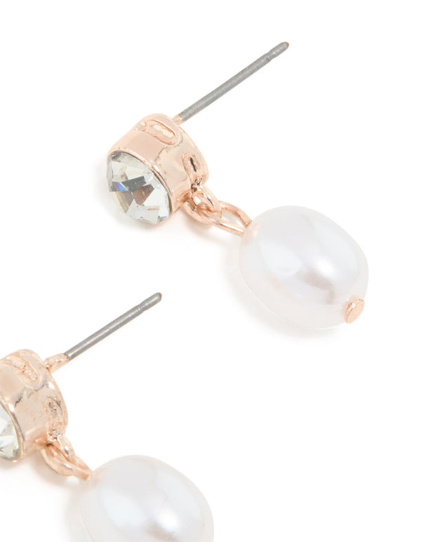 Rose Gold Pearl Drop Stone Stud Earrings