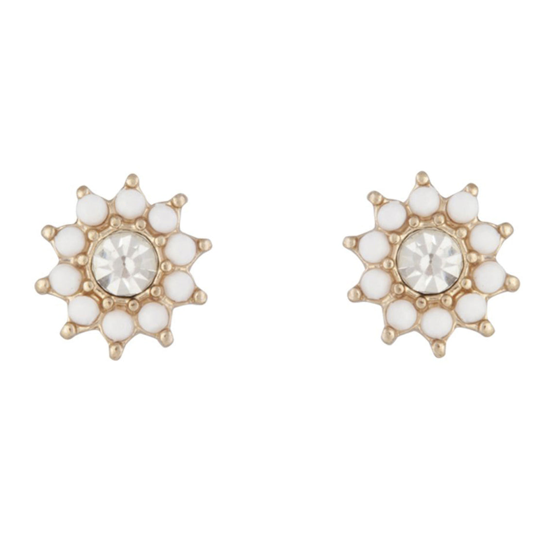 Gold White Flower Diamante Stud Earrings