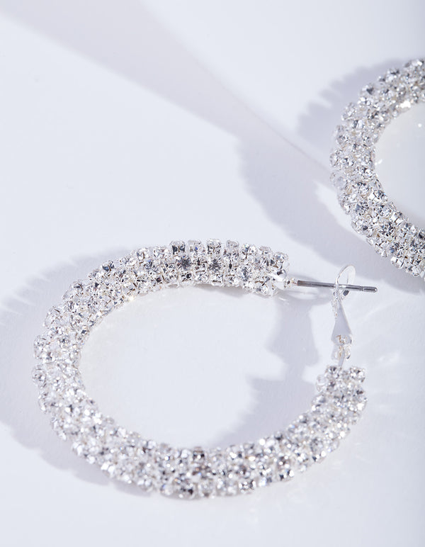 Crystal Encrusted Chunky Silver Hoop Earrings