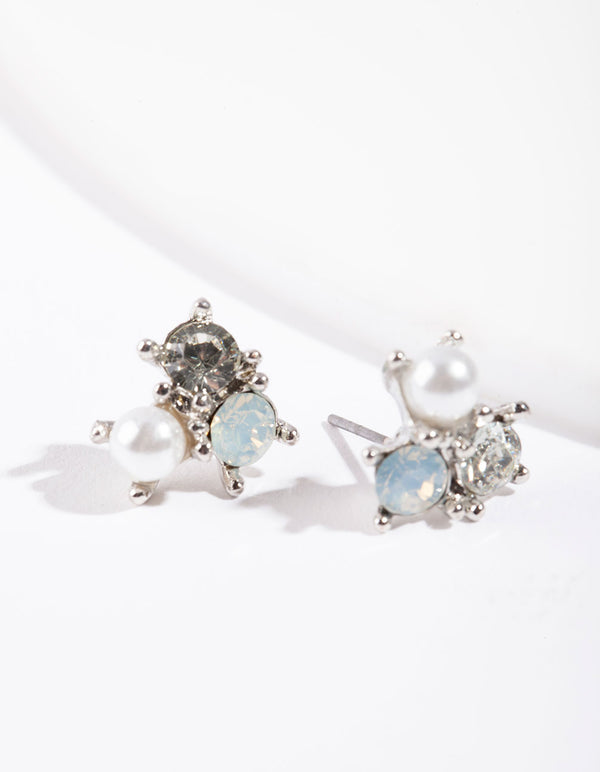 Silver Stone & Pearl Cluster Earrings