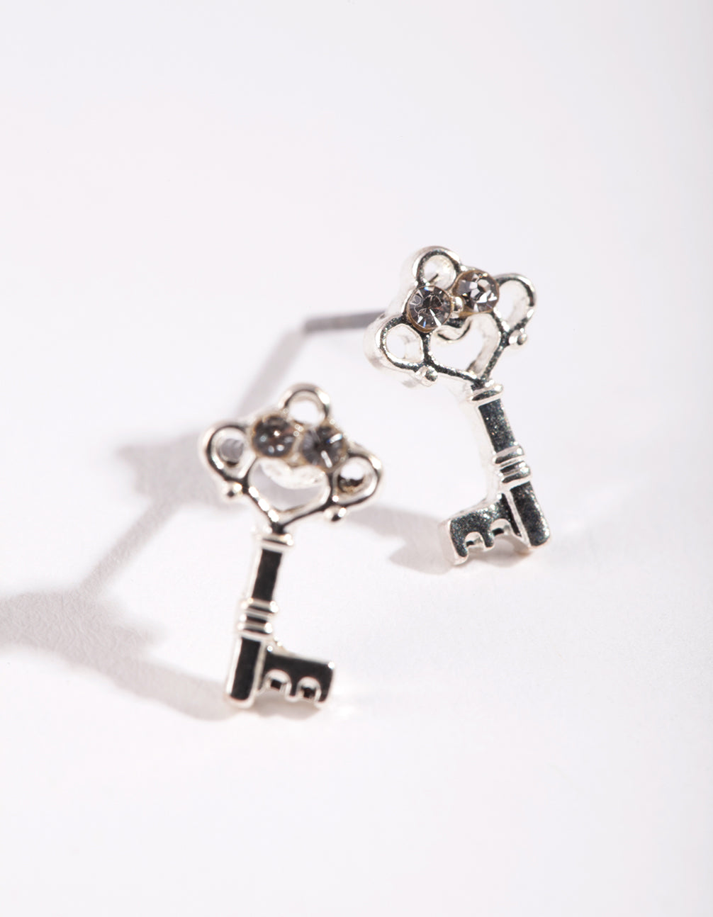 Silver Diamante Mini Key Stud Earrings