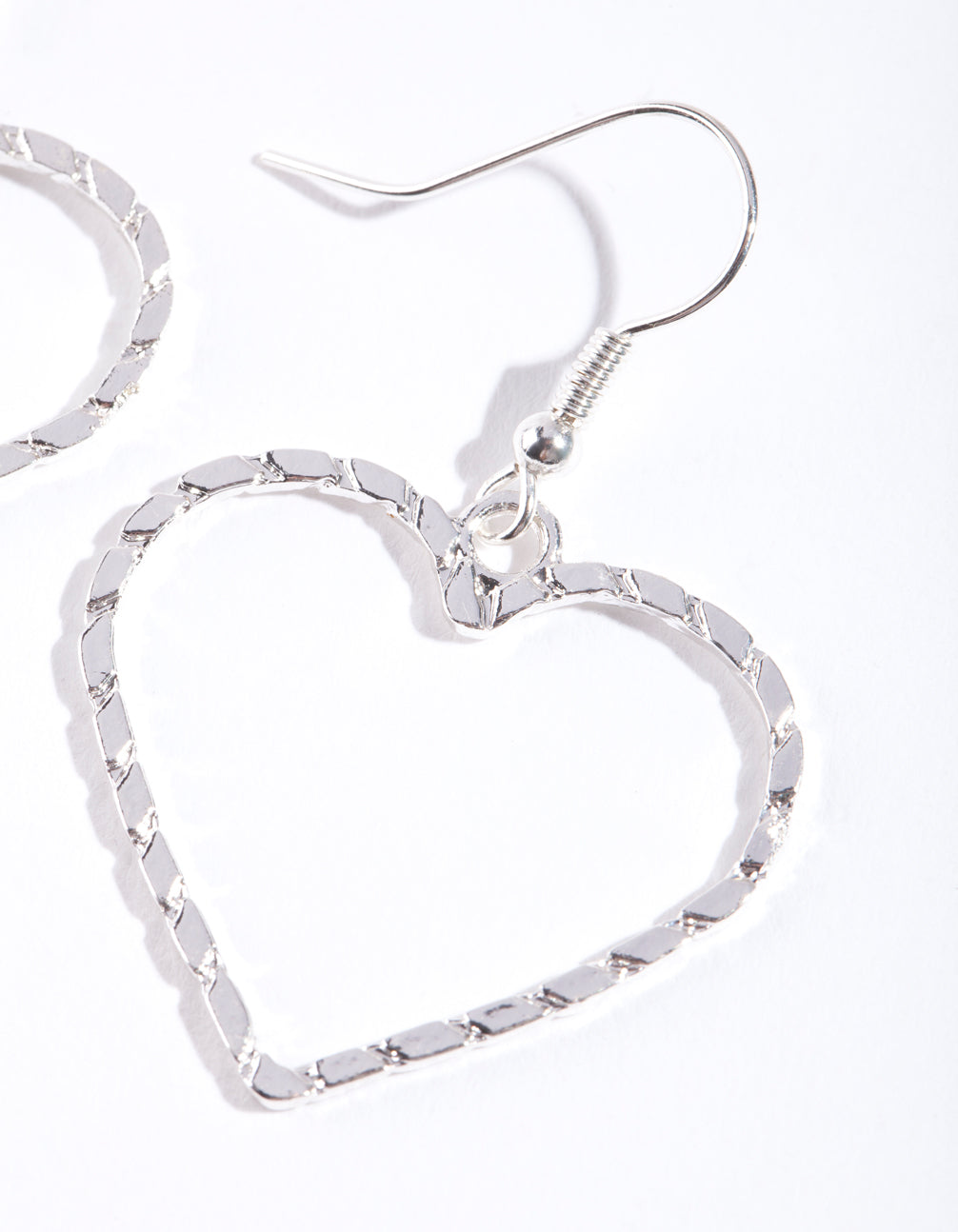 Silver Textured Heart Cut Out Drop Earring