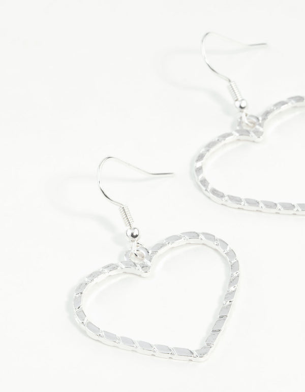 Silver Textured Heart Cut Out Drop Earring