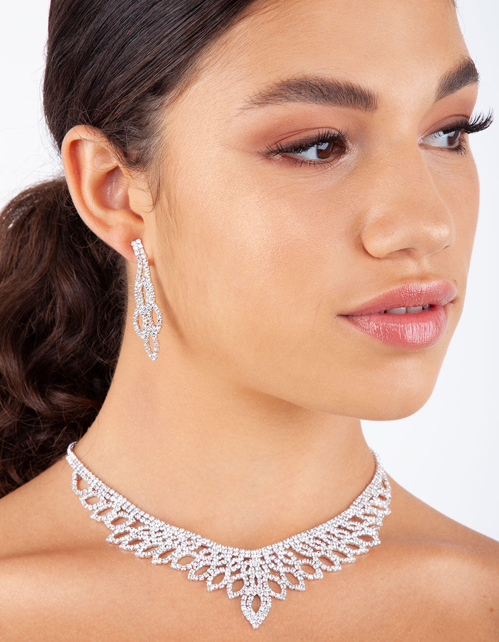 Silver Diamante Cup Chain Drop Earrings Necklace Set