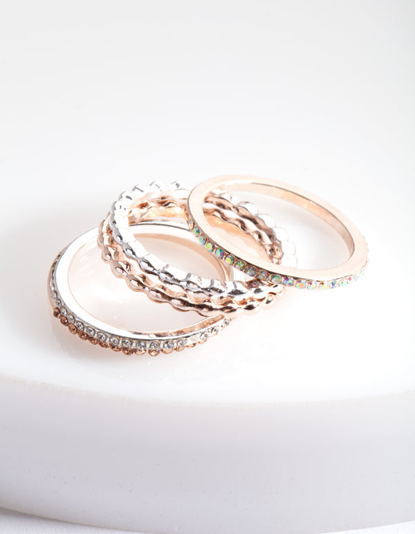 Mixed Metal Fine Diamante Ring 5-Pack