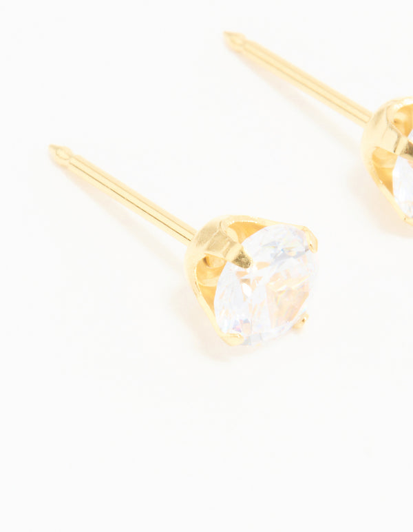 Showcasing 24K gold plated surgical stainless steel 5MM cubic zirconia piercing stud with clear stones and closure close up view
