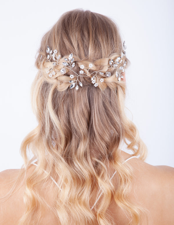 Silver Faceted Pearl Leaf Hair Vine