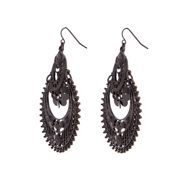Black Diamante Disc Bohemian Drop Earrings