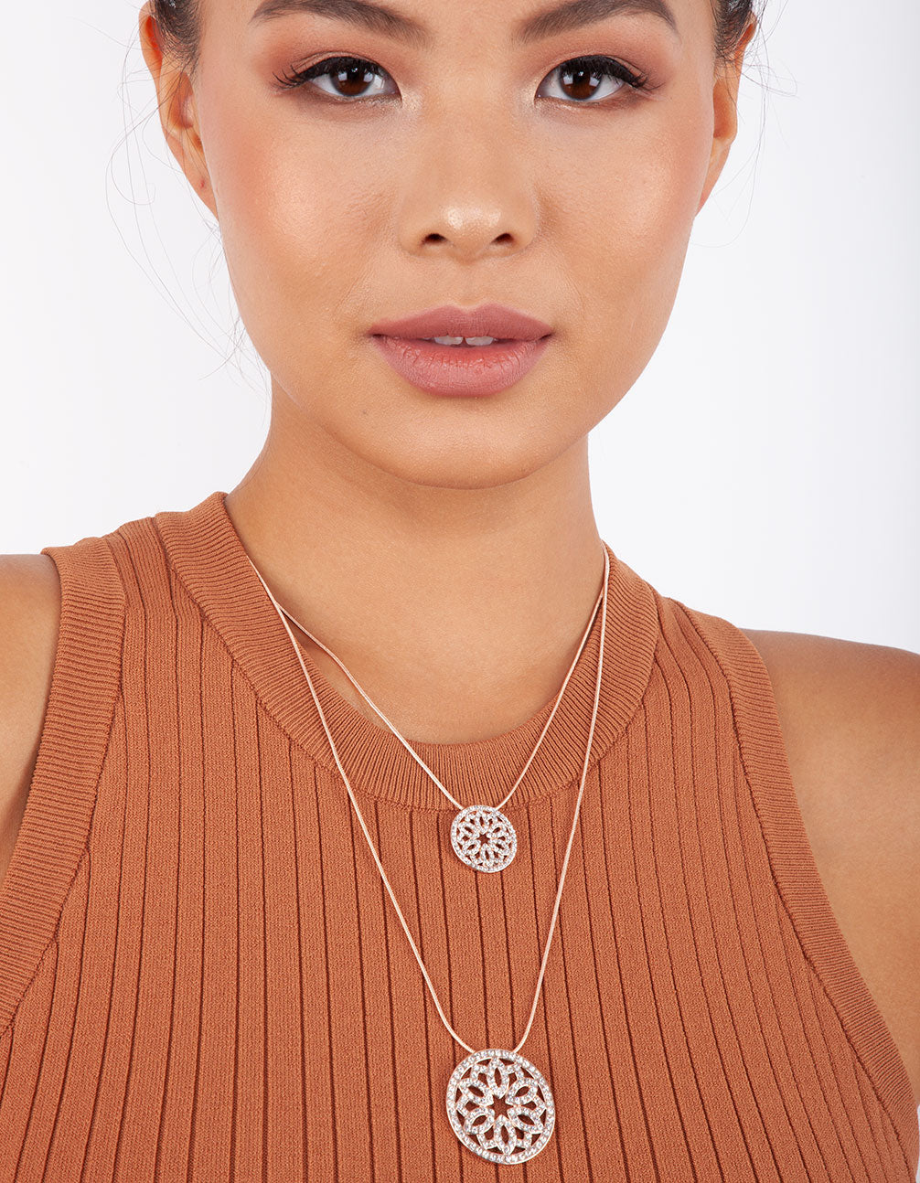 Rose Gold Double Row Circle Diamante Necklace