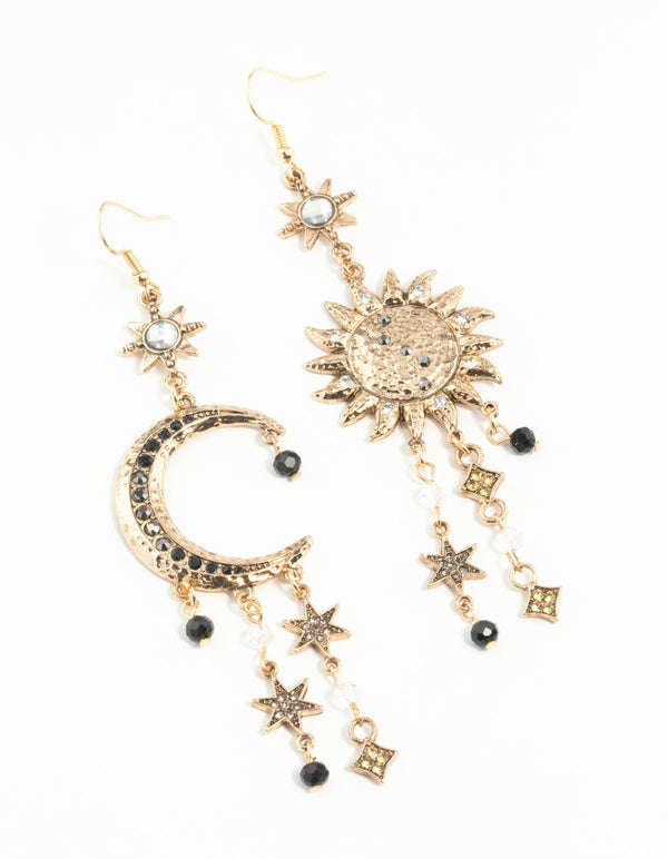 Antique Gold Celestial Grey Black Gem Earrings