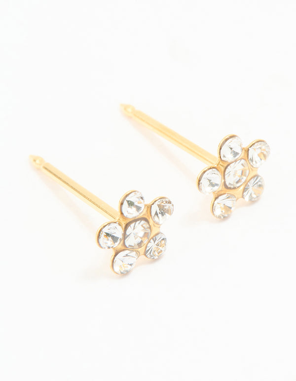 Beautifully crafted 24K gold plated surgical stainless steel cubic zirconia daisy piercing stud featuring floral design with dainty styling in clear front view