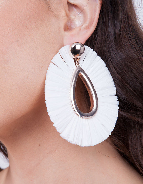 White Straw Tear Drop Earrings