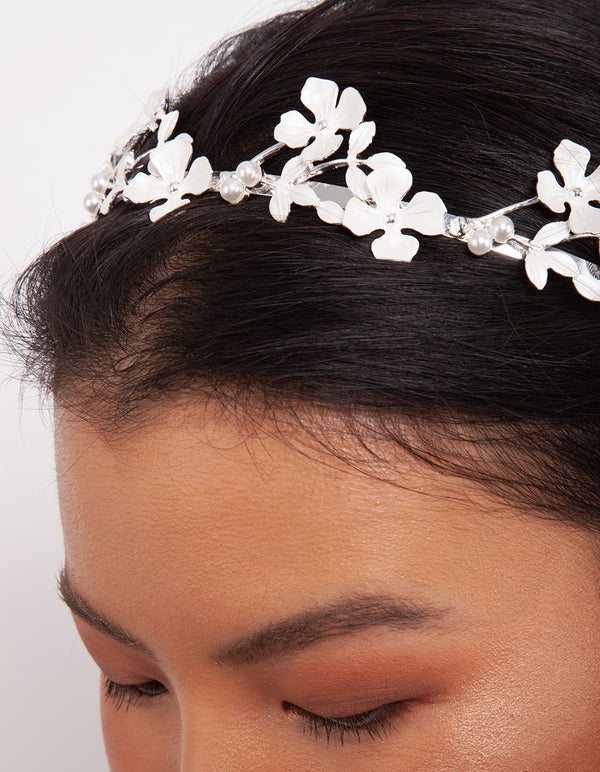 Silver Metal Flower Pearl Headband