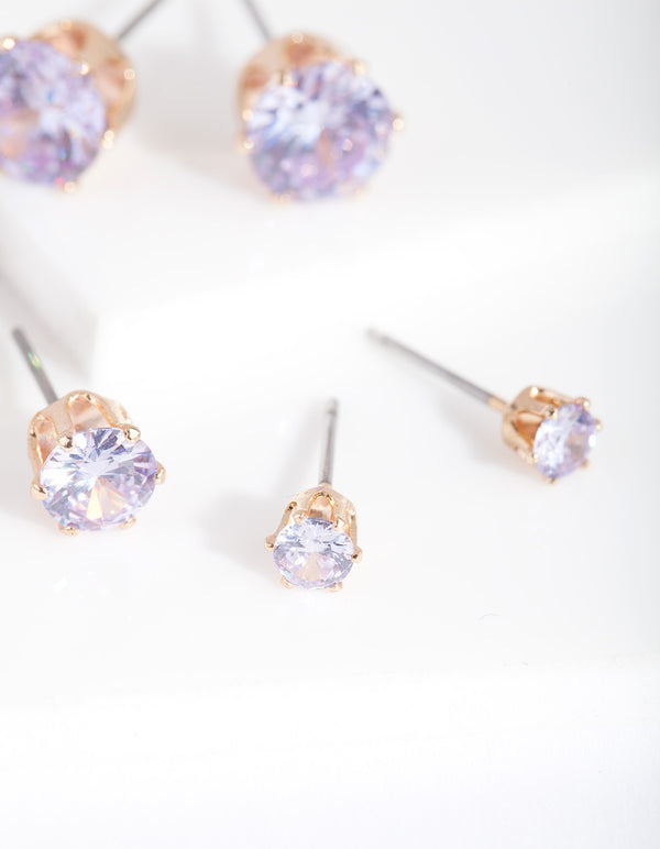 Gold Purple Cubic Zirconia Graduating Stud Earring Pack