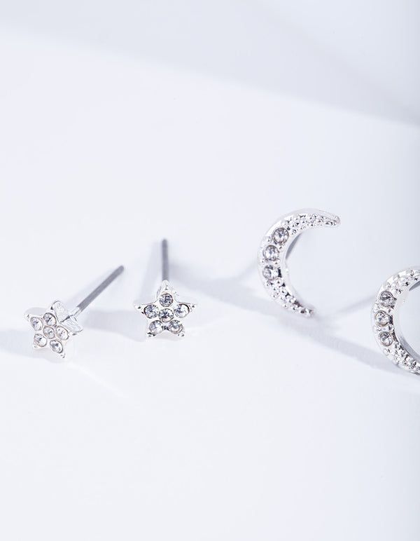 Silver Diamante Moon Star Earring Pack