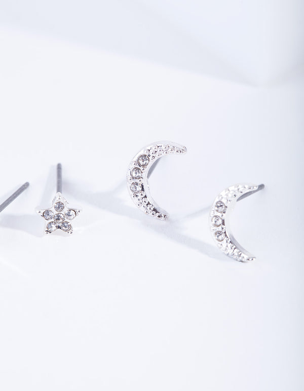 Silver Diamante Moon Star Earring Pack