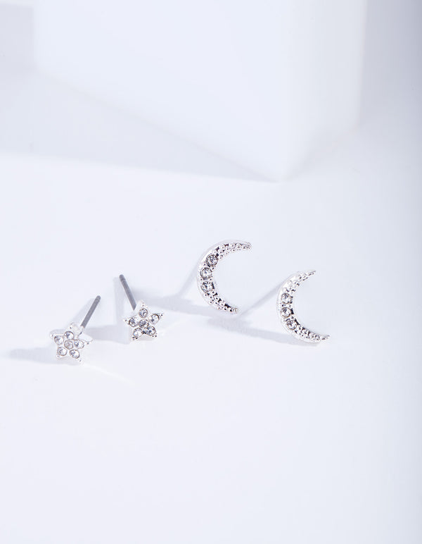 Silver Diamante Moon Star Earring Pack