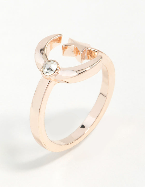Rose Gold Open Moon Star Ring