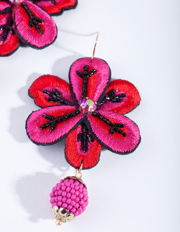 Red Embroidered Flower Earrings