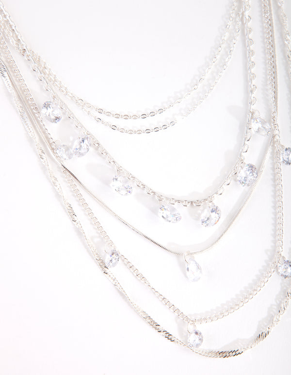 Cubic Zirconia Silver Multi Chain Necklace