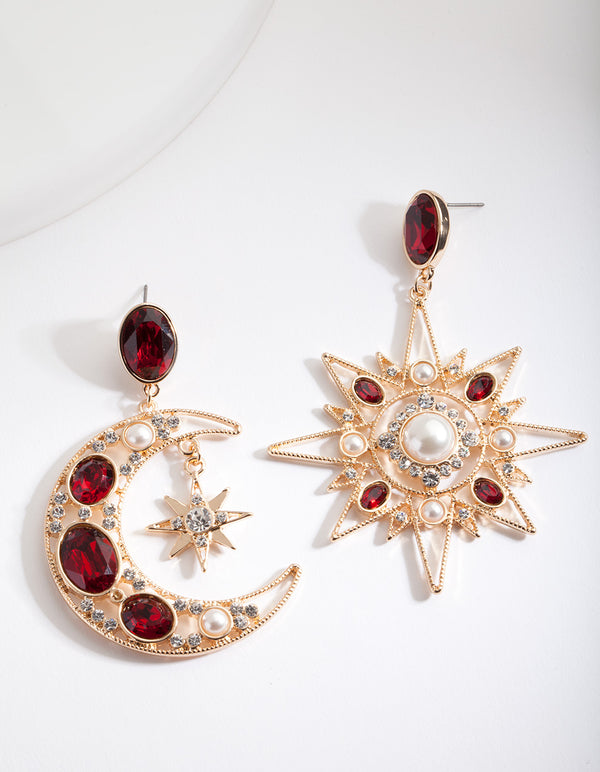 Red Star & Moon Drop Earrings