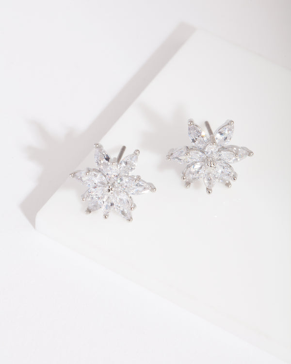 Silver Diamond Simulant Elegant Flower Stud Earring