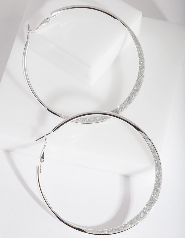 Large Silver Glitter Edge Hoop Earrings