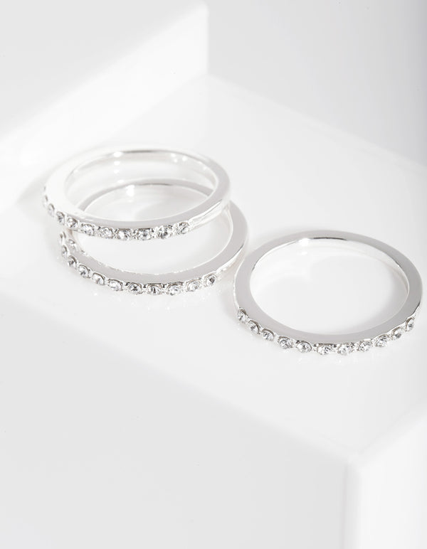 Silver Diamond Simulant Thin Ring Set