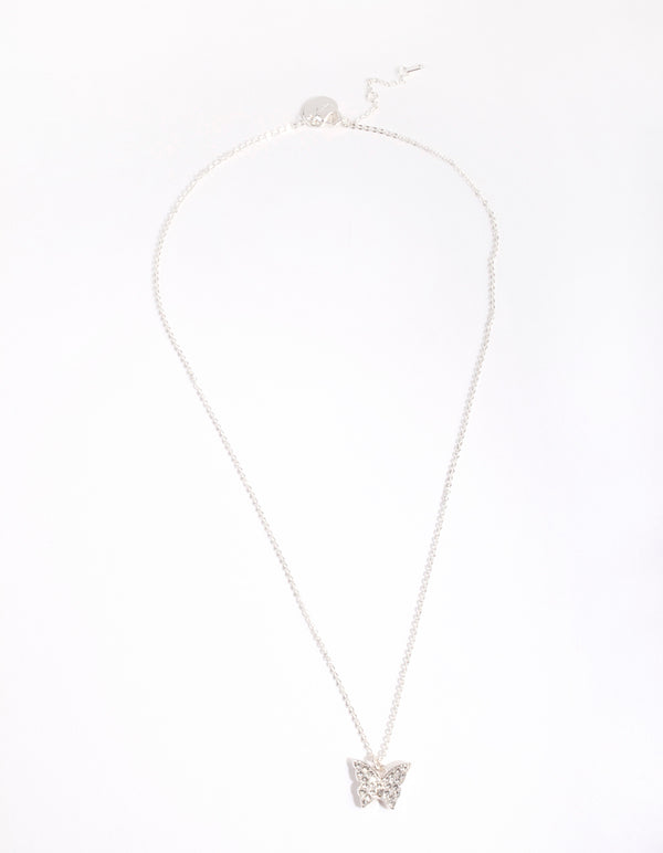 Silver Diamond Simulant Butterfly Necklace