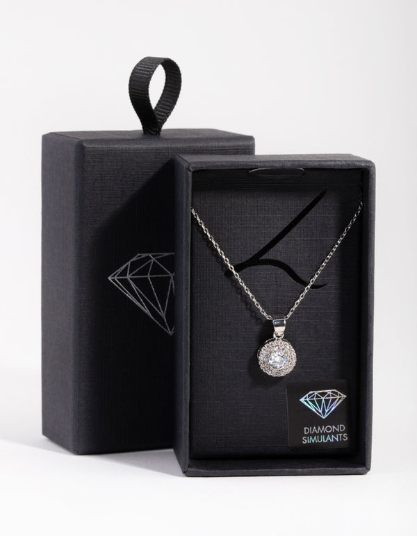Diamond Simulant Silver Round Halo Necklace