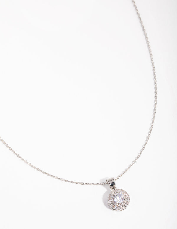 Diamond Simulant Silver Round Halo Necklace