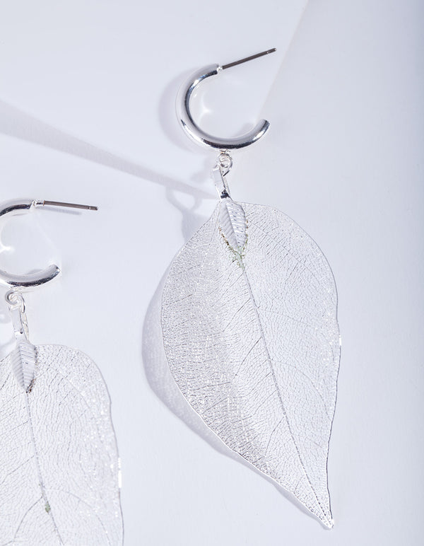 Silver Leaf Hoop Earrings