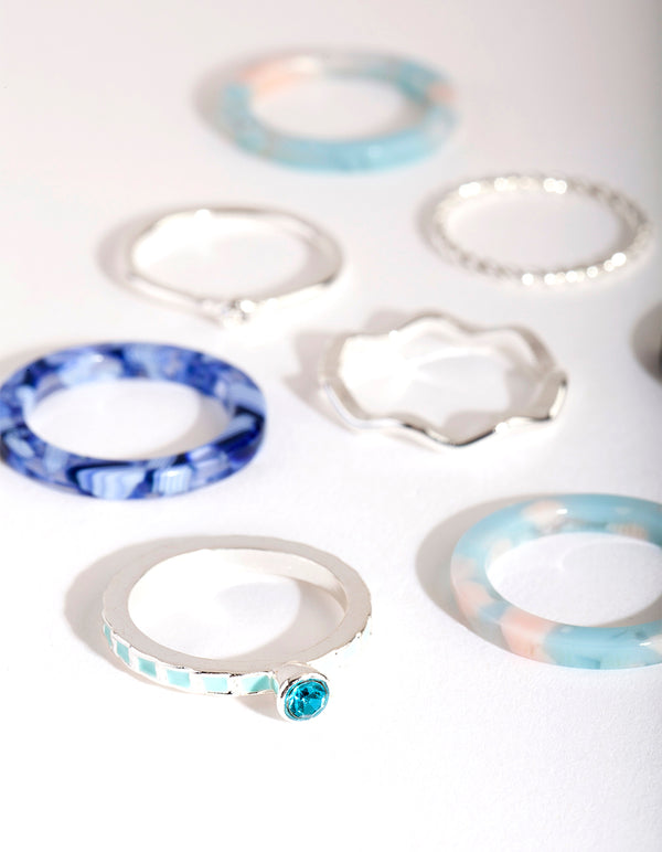 Silver Blue Marble Ring 9-Pack