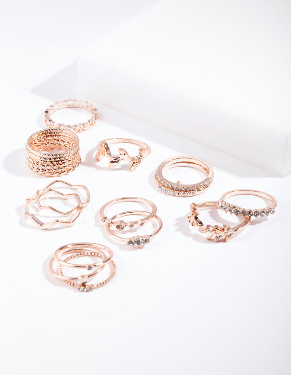 Rose Gold Diamante Leaf Ring 12-Pack