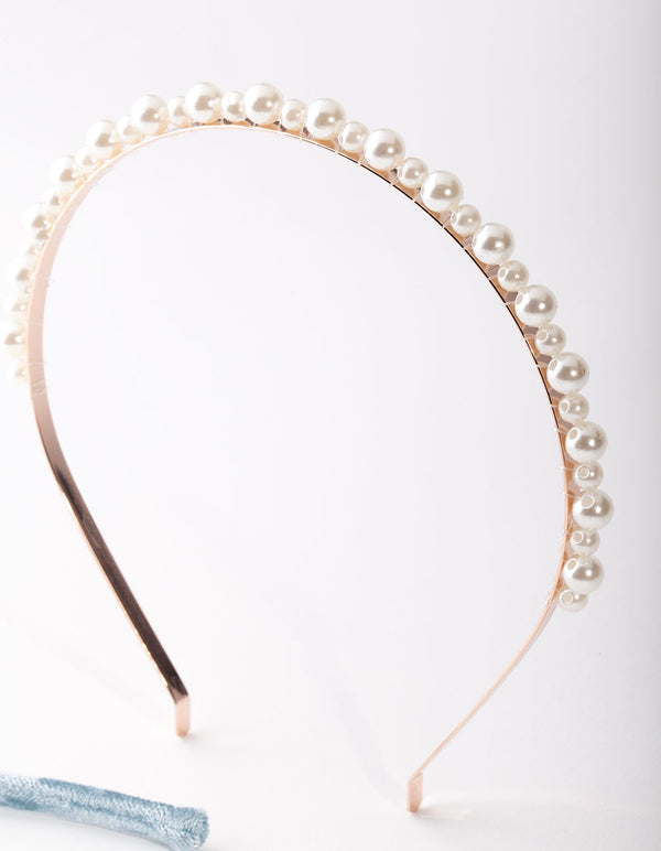 Rose Gold Pearl Blue Velvet Headband Pack