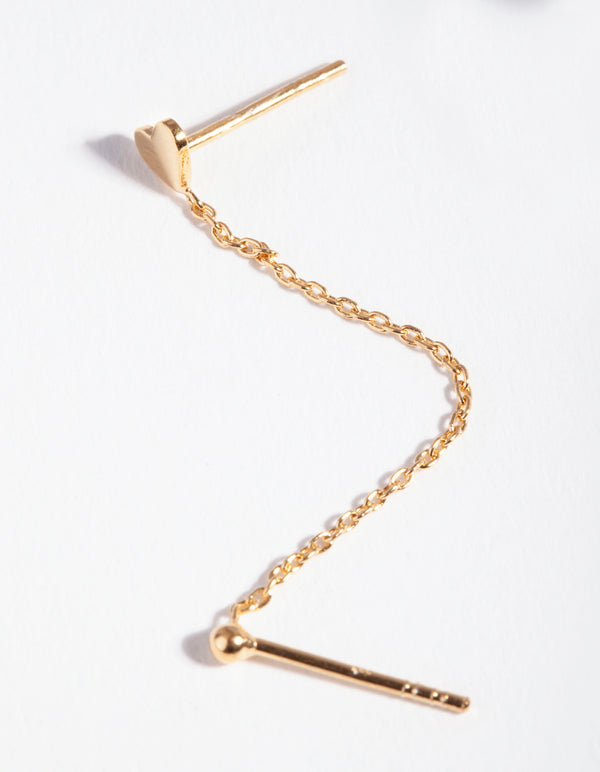 Gold Plated Sterling Silver Heart Chain Double Stud Earring