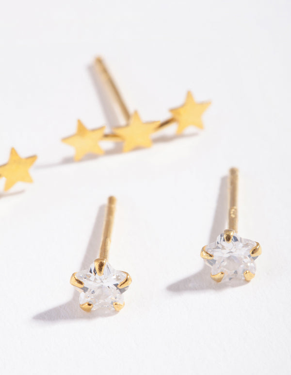 Gold Plated Sterling Silver Star Cubic Zirconia Stud Earring Pack