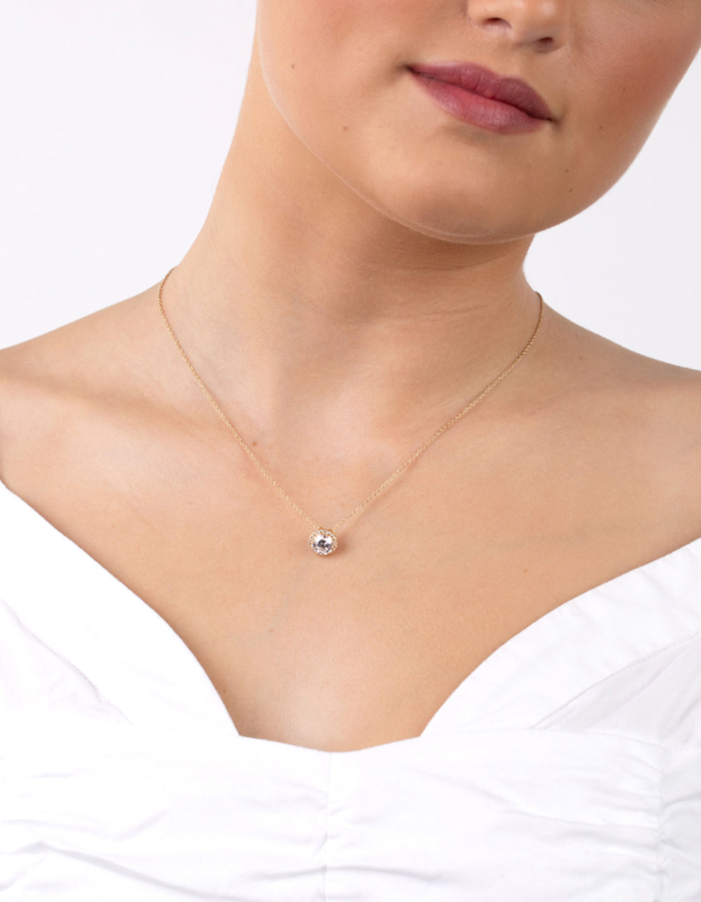 Gold Plated Sterling Silver 6mm Cubic Zirconia Halo Necklace