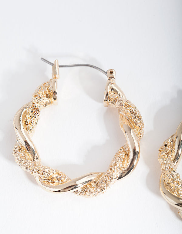 Gold Textured Twist Hoop Earrings