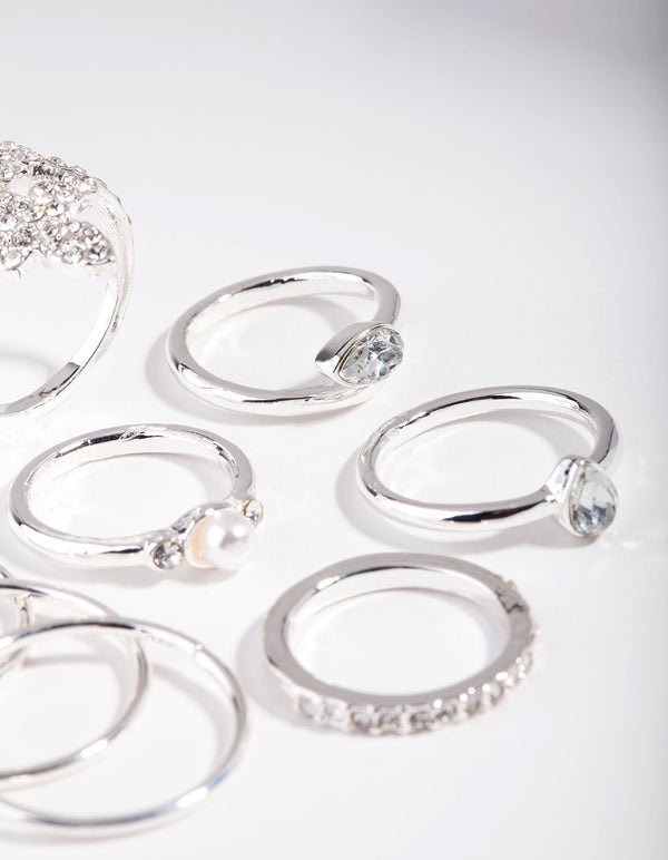 Silver Butterfly Diamante Ring 8-Pack