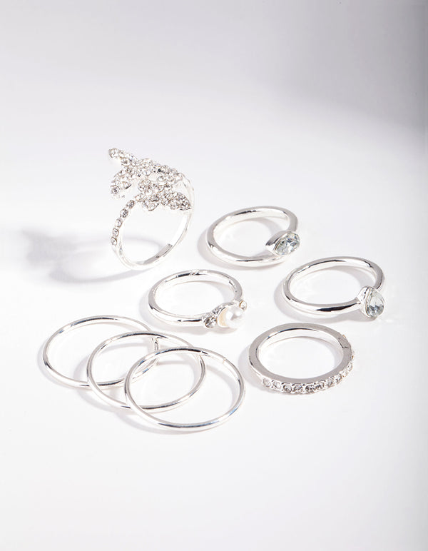 Silver Butterfly Diamante Ring 8-Pack