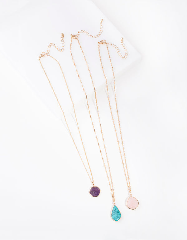 Gold Rose Quartz, Amethyst, Turquoise Necklace Stack