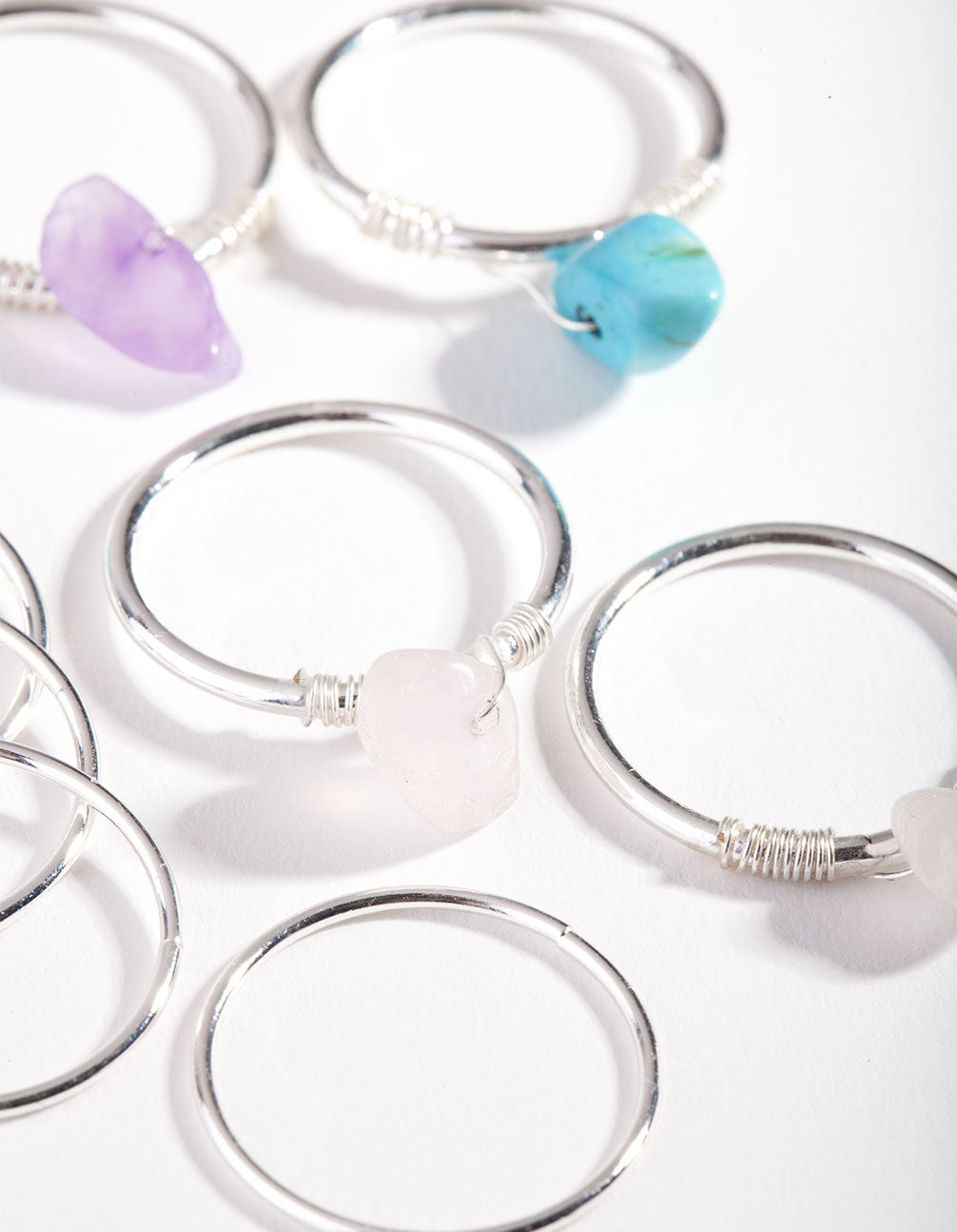 Silver Rose Quartz, Turquoise, Amethyst Fine Multi Ring Pack