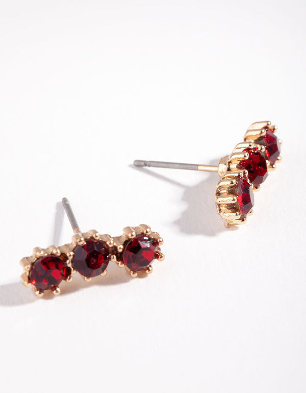 Gold Triple Red Stone Stud Earrings