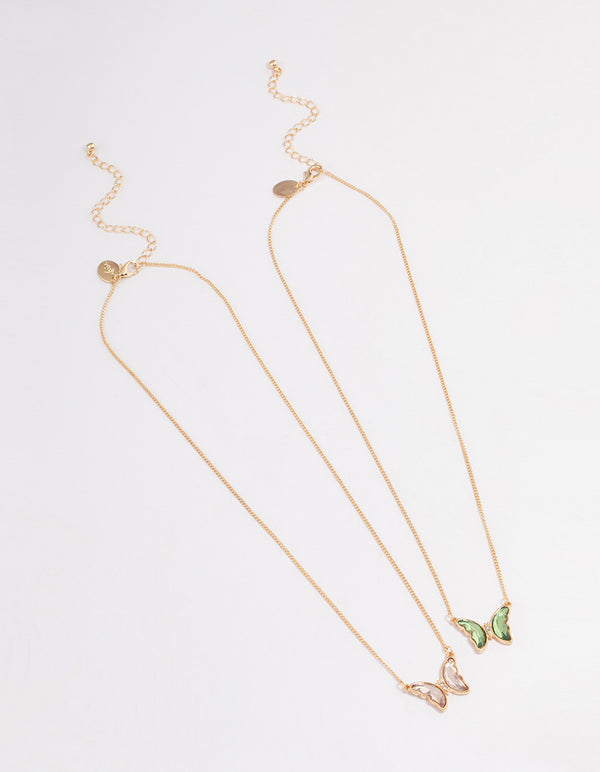 Gold Multi Crystal Butterfly Necklace Pack