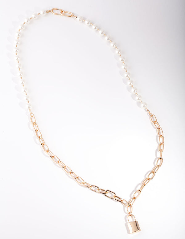 Gold Link & Pearl Padlock Necklace