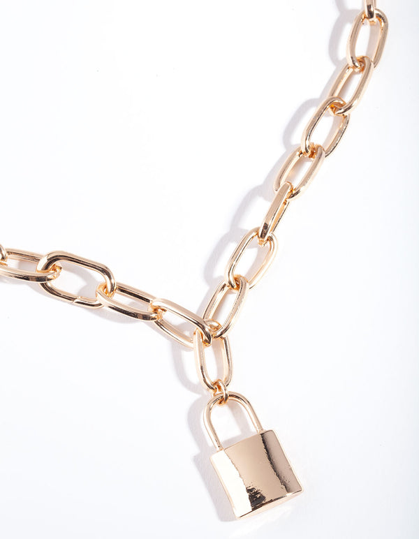 Gold Link & Pearl Padlock Necklace